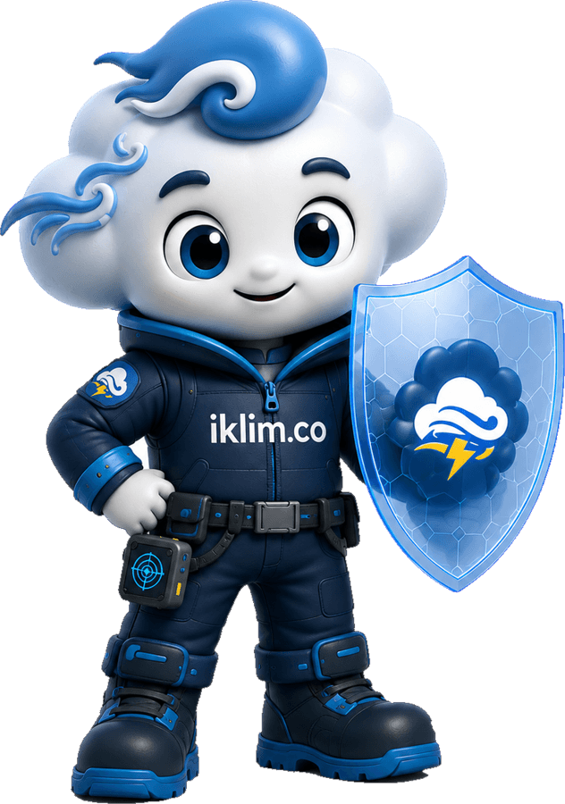 The iklim agent, a cloud character in a navy suit holding a storm shield