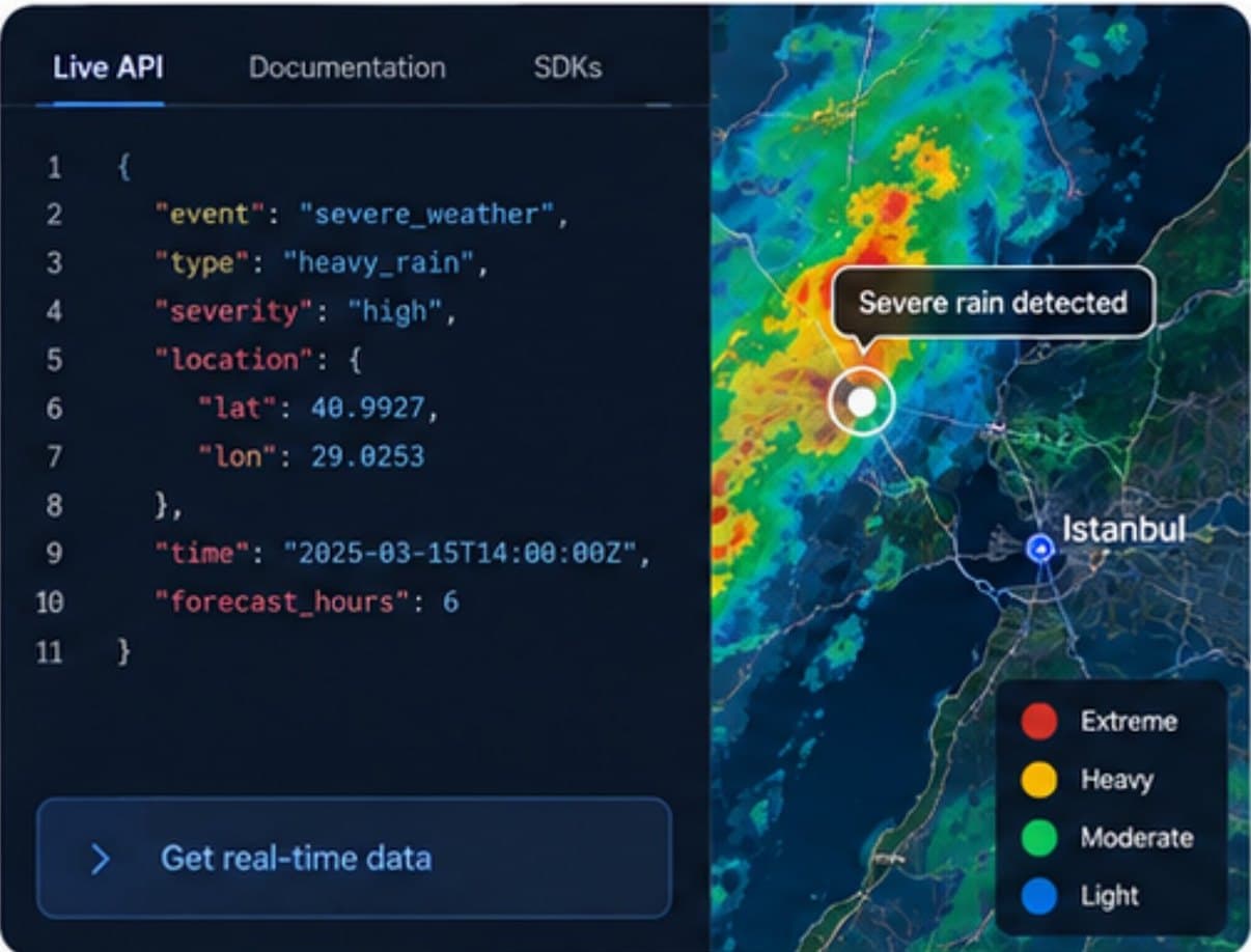 iklim live API console with a severe weather event in JSON next to a radar map