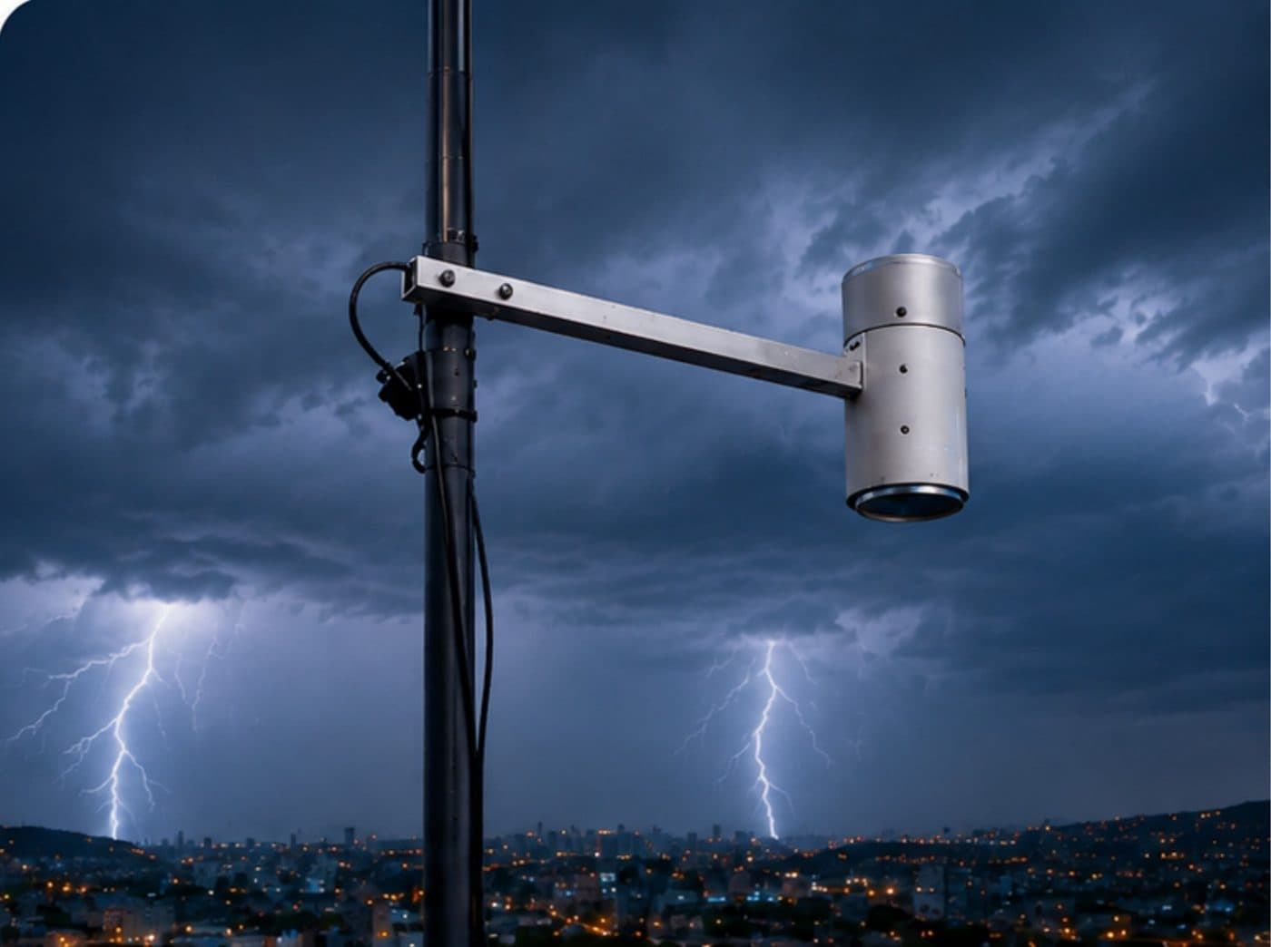 An iklim ground weather sensor on a mast with lightning over a city at night