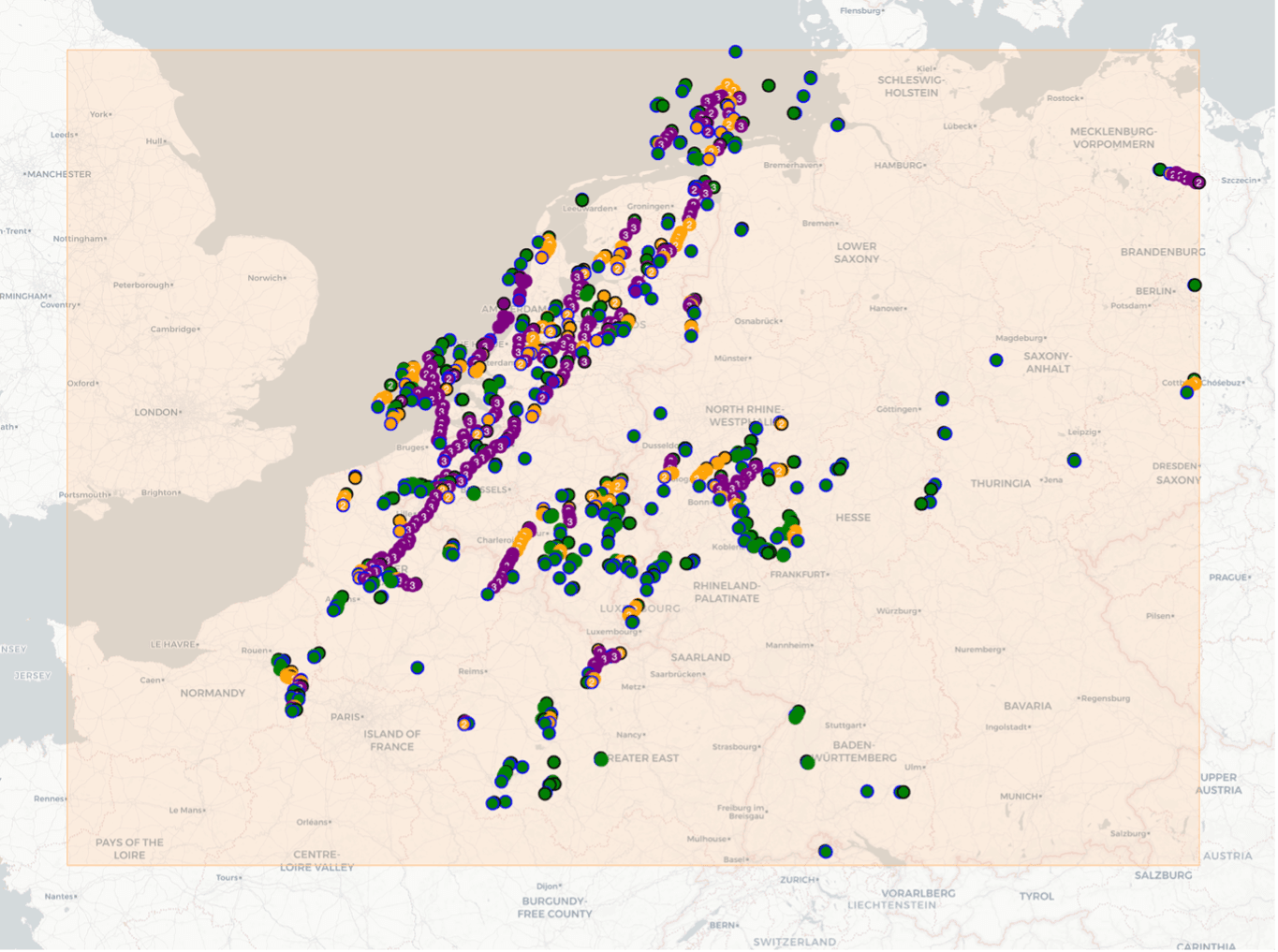 Spatial distribution and severity analysis of the historic June 2026 storm system in the Benelux countries, powered by iklim.co. Purple nodes clearly illustrate the heavy convective corridors slicing through central Belgium and branching heavily across the eastern and western Netherlands.