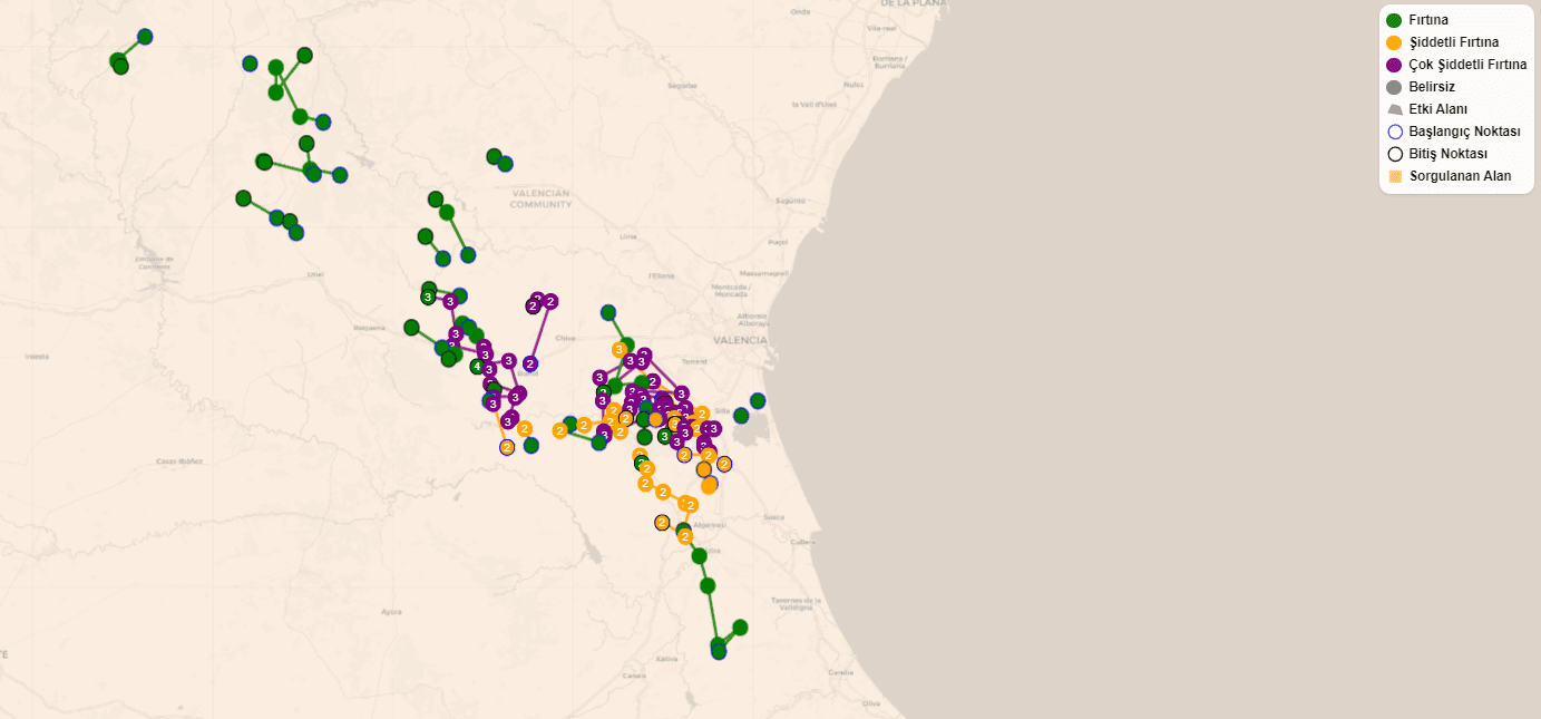Records of storms that occurred throughout the day in Valencia. The storm tracking was performed by iklim. Color codes represent the intensity of the storm. Green: storm, Yellow: severe storm, Purple: very severe storm.
